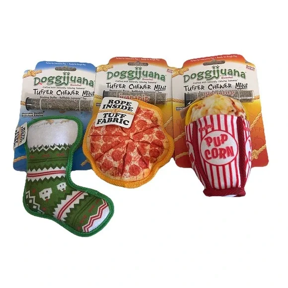 3 NEW Doggijuana Pupcorn, Christmas Stocking, Pizza with Refillable Dognip Toys
