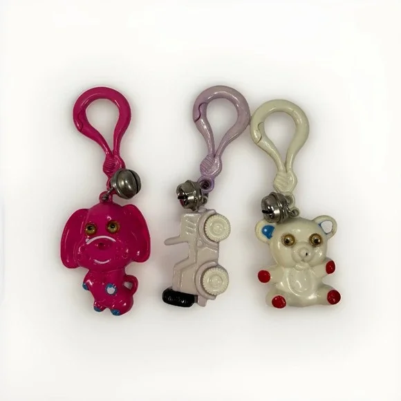 Vtg 80s Plastic Clip Bell Charm Googly Eye Teddy Bear Dog Car Set Of 3