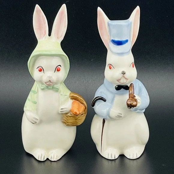 Vtg Mr & Mrs Bunny Rabbits Figure Top Hat Fine A Quality Japan Set Lot of 2 Rare
