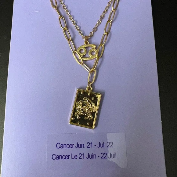 NWT Claires Gold Cancer Zodiac‎ Layered Set of 2 Necklaces July June Gift
