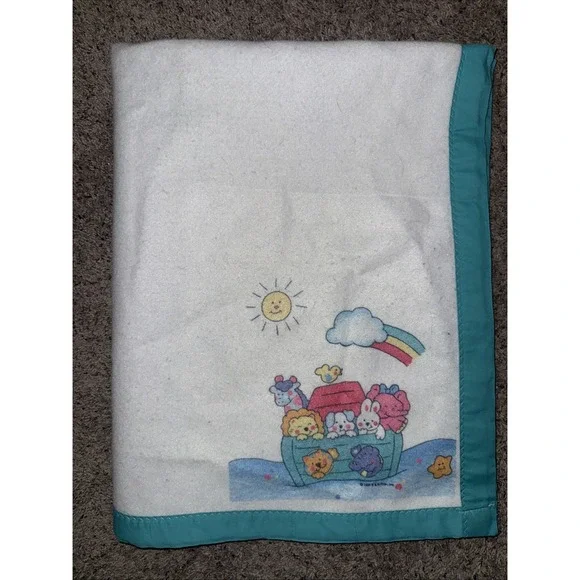 Vintage 1994 Riegel White‎ Baby Blanket Animals Noah's Ark Turquoise Nylon Trim