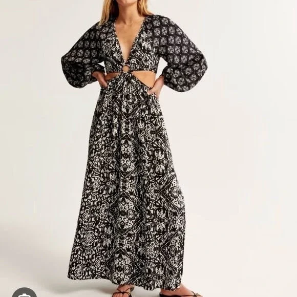 Abercrombie & Fitch Black White Boho Ring Cutout Maxi Dress LP Long Sleeve‎