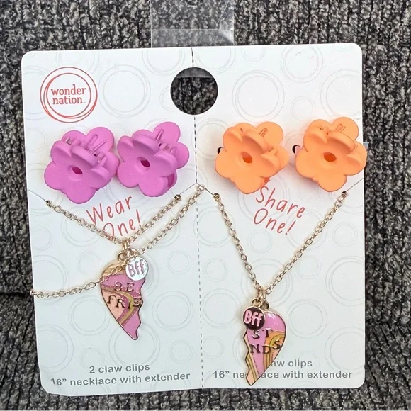 Wonder Nation Girls' BFF Flower Claw Clips and Pink/Orange BFF Necklace Set