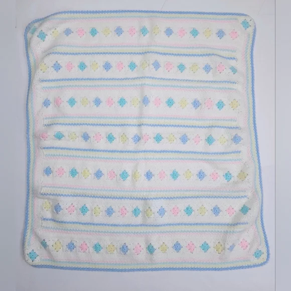 Handmade White And Pastel Pink Blue Yellow 30x33 Inch Crib Baby Blanket