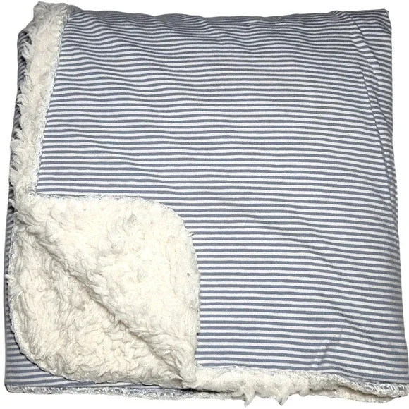 SL Home‎ Fashions Blue White Cotton Stripe Sherpa Back 2ply Baby Blanket 119741