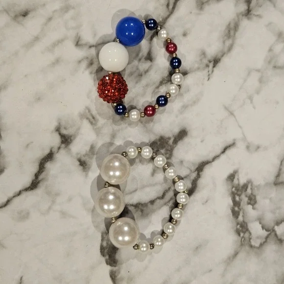 Girls Chunky Bead Bracelet Lot Patriotic Red‎ White Blue & White Pearl Stretch