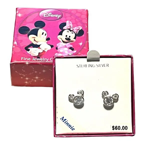 Disney Mickey MINNIE MOUSE EARRINGS Sterling Silver & CZ Rhinestone Studs Girls