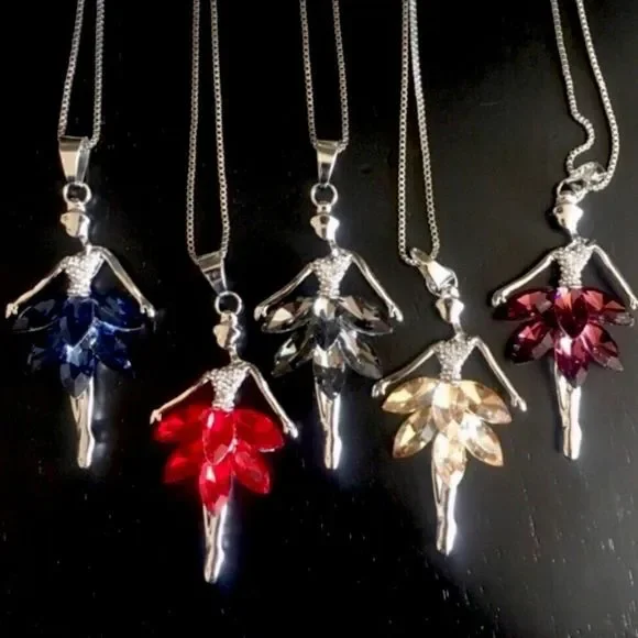 Crystal Ballerina Dancer Long Pendant Necklace Tutu Ballet