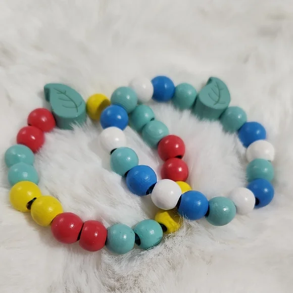 Kids Pair of Multicoloured Round Wooden Bead Stretch Bracelets with Leaves
