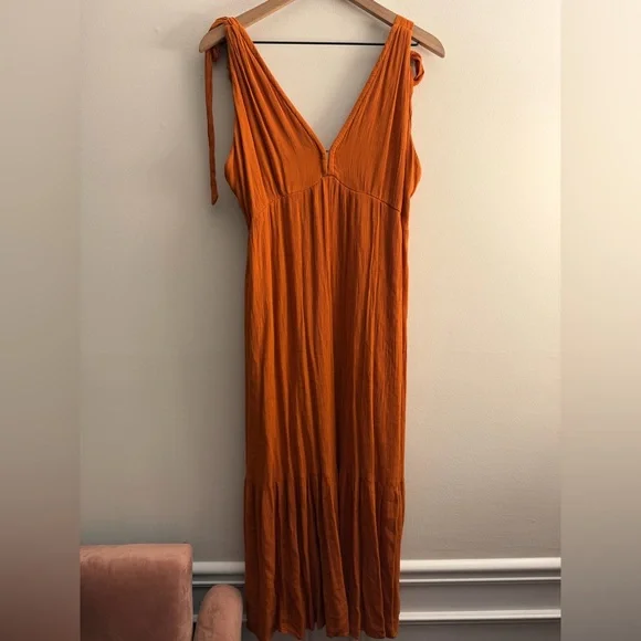 Abercrombie & Fitch Tie-Strap Babydoll midi maxi Dress Crinkled rusty goddess L