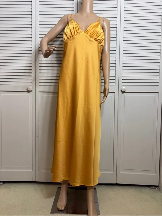 Abercrombie & Fitch Mustard Yellow Satin Midi Ruched Slip Dress Large Tall