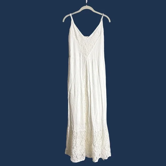 Abercrombie & Fitch White Lace Maxi Day Dress Sz L Cottage Boho Festival Wedding