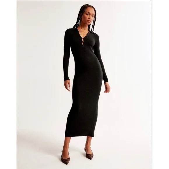C8 Abercrombie & Fitch Black Ribbed Sweater Maxi Dres Long Sleeve Pearl Button S