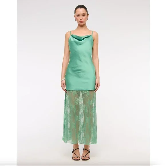 Abercrombie & Fitch Green Cowl Neck Satin Strappy Lace Mini Maxi Skirt Dress