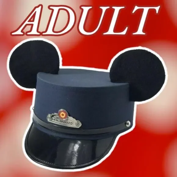 NWT Rare Disney Mickey Mouse Ears Conductor Hat Red Car Trolley Adult AKA Large