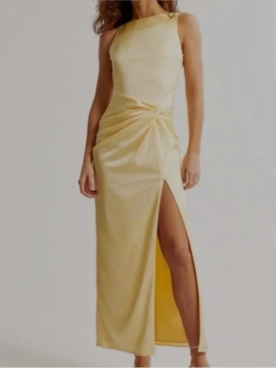 Abercrombie & Fitch Pale Yellow Maxi Dress with Side Slit