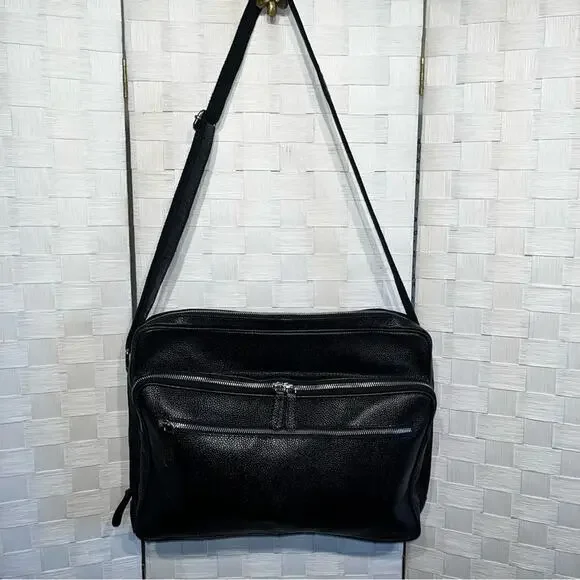 Lucaldo Men’s Laptop/Briefcase Messenger Bag Black Leather Multi Pockets Italian