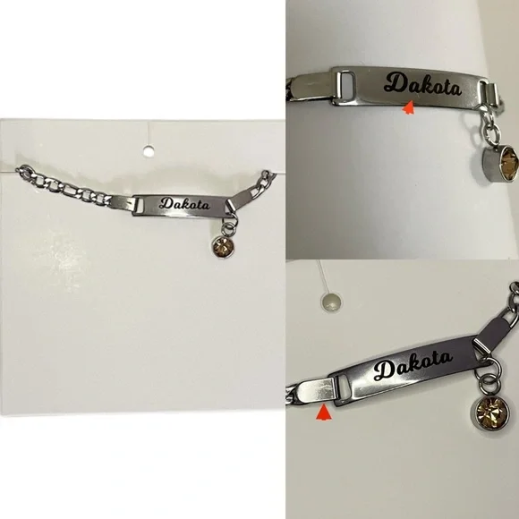 “Dakota” Baby/ Kid’s Silver Metal Name Bracelet with Orange Rhinestone Charm