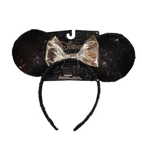 *NEW* Disney Minnie Mouse Ears Headband Black Sequined Silver Metallic Bow