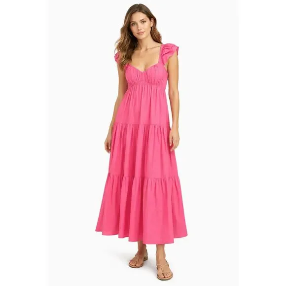 ABERCROMBIE & FITCH Tiered Flutter Sleeve Maxi Dress Pink Medium