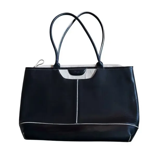 Nunzia Tuscany Women's Chic Leather Laptop Tote Shoulder Bag Black Beige