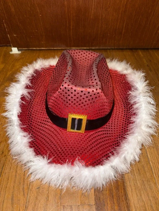 Red Sequin Feather Trim Cowboy Hat