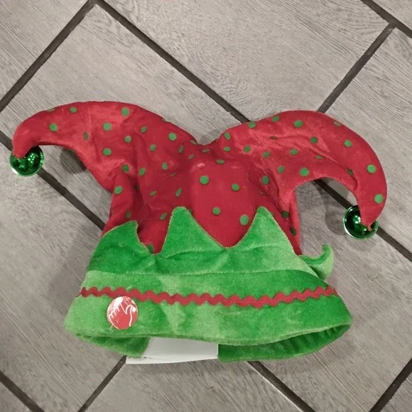 Plush Christmas‎ Elf Jester Hat • Red & Green • Bells • Adult Size