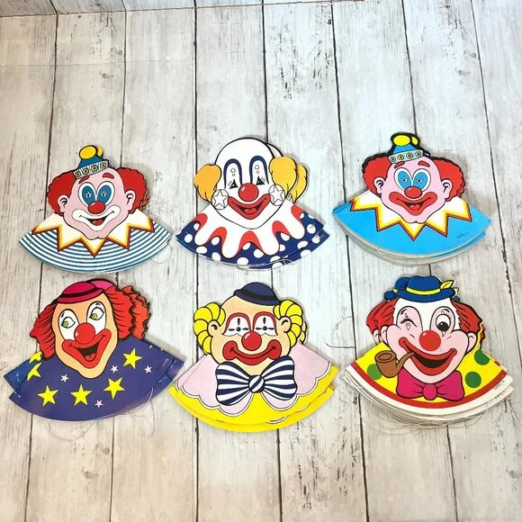 Vintage Clown Paper Birthday Party Hats 6 Types and 22 Total