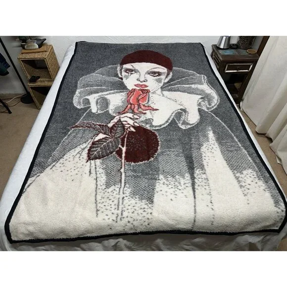 Vintage Acrylic Harlequin Sad Clown Rose Pierrot Throw Blanket Red Black 55x82”