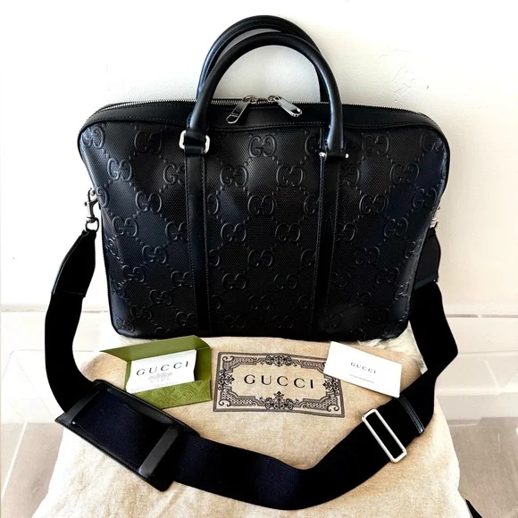 Gucci GG Embossed Leather Briefcase (Large Size)-Excellent Condition