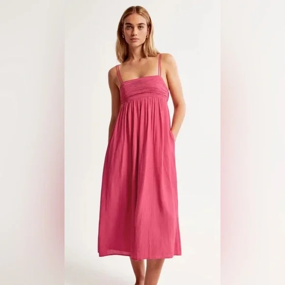 Abercrombie & Fitch Pink Crinkle Textured Maxi Dress with Pockets