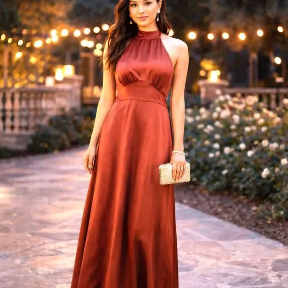 Abercrombie & Fitch Rust Color Satin Halter Style Evening Gown Size MP