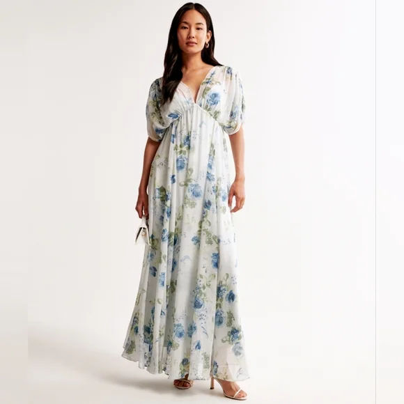 NWT Abercrombie Dolman Sleeve Flowy Maxi Dress in Blue Floral, XL
