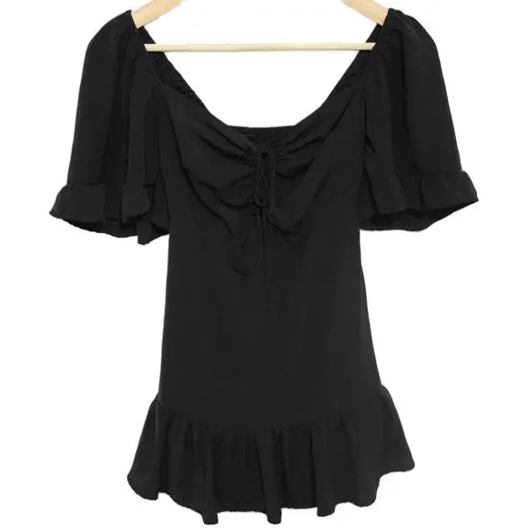 Womens Abercrombie & Fitch Black Mini Puffer Sleeve Ruffle Dress Size XS Petite