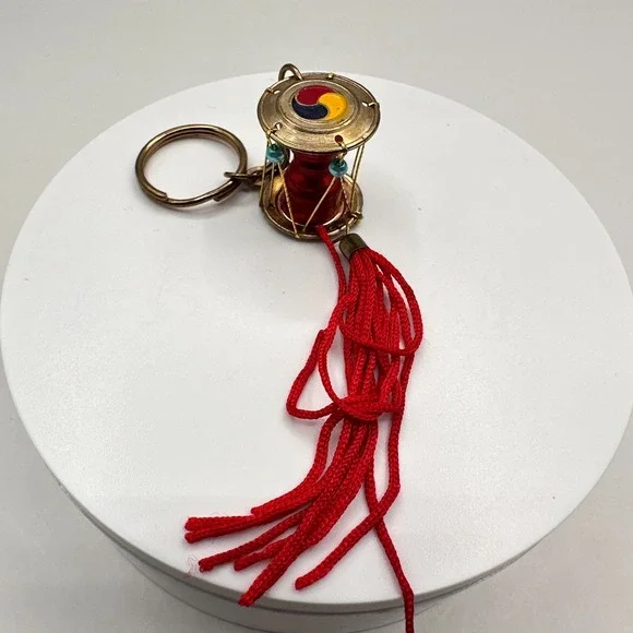 Vintage 90s Korean Janggu Drum Keychain Red Tassel Blue Bead Traditional Style