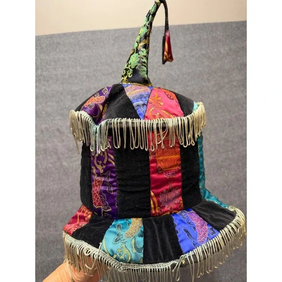 Colorful Renaissance Velvet Patchwork Jester Hat with Gold Fringe and Tassel