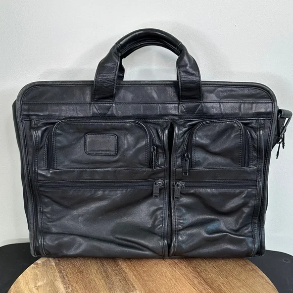 TUMI Alpha Black Leather Expandable Briefcase