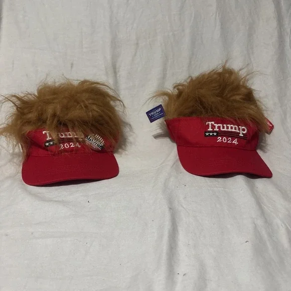 Lot Of 2 President Donald TRUMP Red Trumpy Visor Hat w/Gold Hair Golf Cap Wig