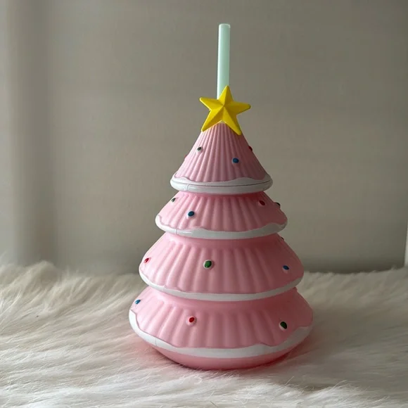 New! Pink Novelty Christmas Tree Tumbler w/ straw by Target Bullseye Playground