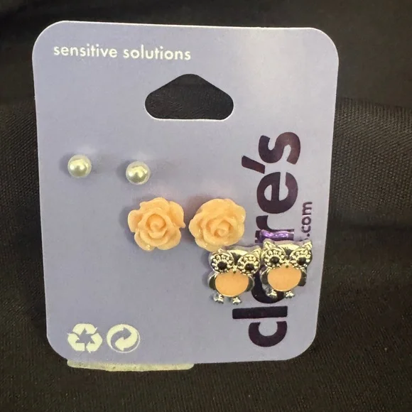 Claire's Silver and Peach Owl Rose Stud Set Sensitive Ears