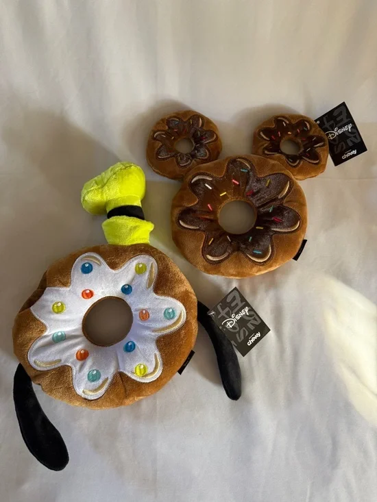 Disney Chewy Exclusive Plush Mickey & Goofy Donut Squeak & Crinkle Toy Set