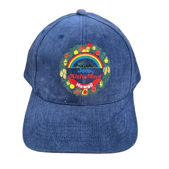 VTG Aloha Bowl Hat Hawaii Jeep Christmas Day Snap Back Twill 90s Blue Ball Cap‎
