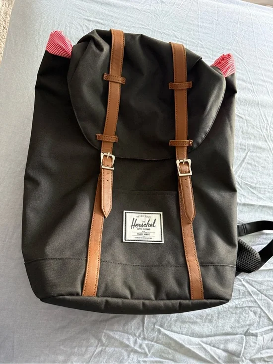 Herschel Supply Company Black Backpack with Brown Leather Straps and Red Accent