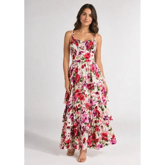 Abercrombie Fitch Floral Tiered Maxi Dress Sz S strawberry Pink Guest Tea Garden