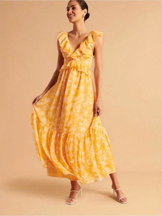 Abercrombie & Fitch Drama Ruffle Floral Maxi Dress XS NWT Yellow Orange White