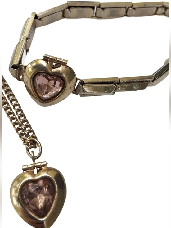 Vintage MCM Childrens Heart Locket Set Pink Stone Expansion Bracelet & Necklace