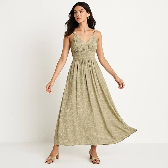 Abercrombie & Fitch Floral Viscose Maxi Dress Olive Green Smocked Strappy XS