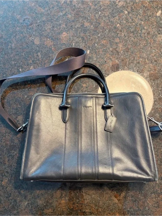 Coach Black Leather Laptop Briefcase with Shoulder Strap
