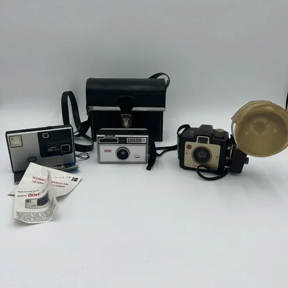 Lot Of 3 Vintage Kodak Cameras 35mm & Disc With Case & Documents Untested