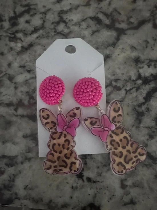 Pink Beaded Bunny Earrings for Kids - Leopard Print Bow